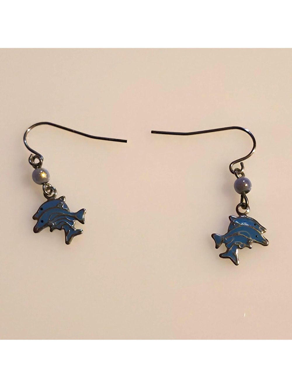 Blue Dolphin Dangle Hook Earrings with Dolphin Charms and Beaded Accents